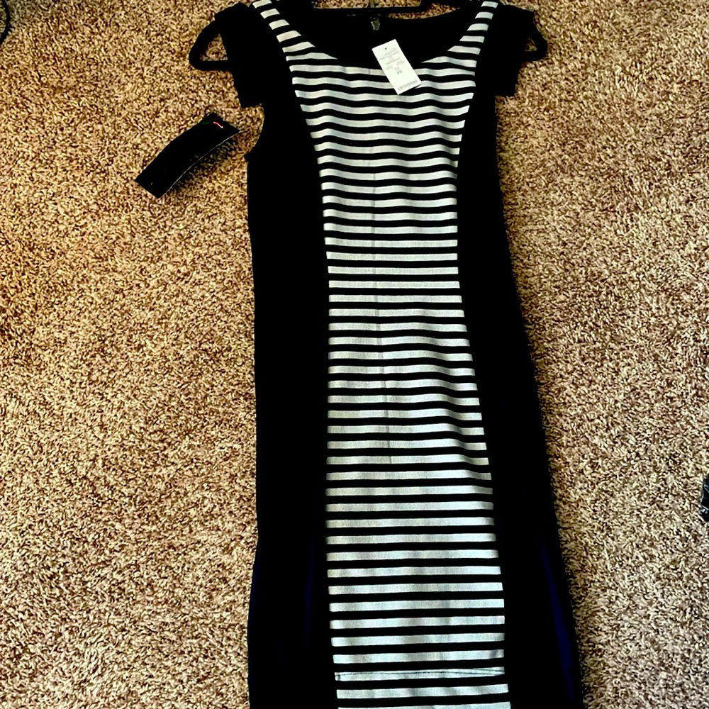 Bonded stripped knit dress, black and grey cute dress